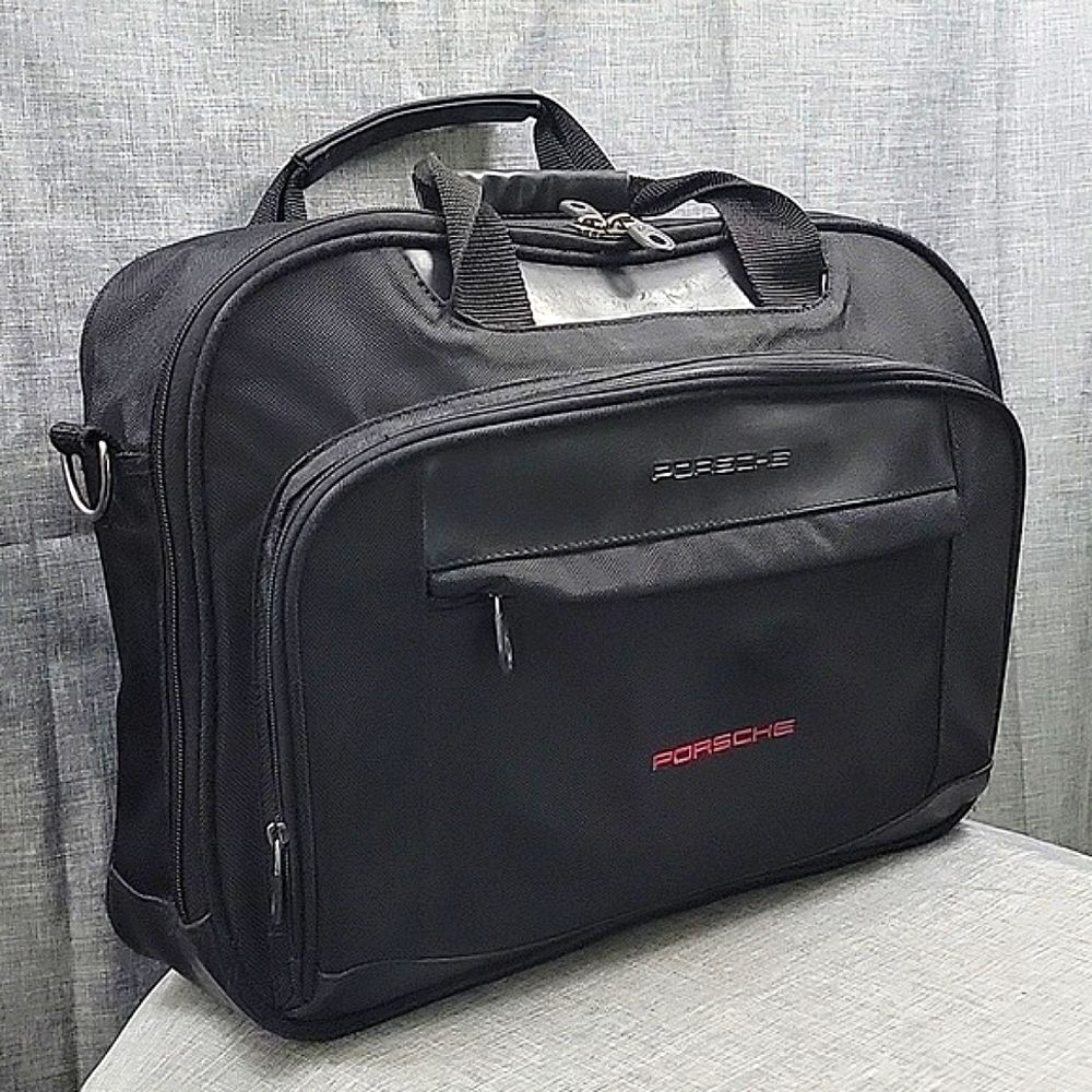 Porsche Rare Briefcase Office Sport Laptop Bag - Black Nylon, Leather Trim